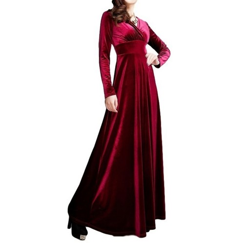 Women V-neck Long Sleeve Velvet Dress Full Length Party Gown Ball Fall Winter B - Picture 28 of 28