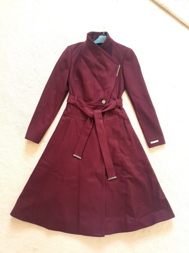 New Ted Baker Roseika Dark Red Skirted Wool Belted Wrap Coat Size TB 0 UK 6 £325 - Picture 4 of 7
