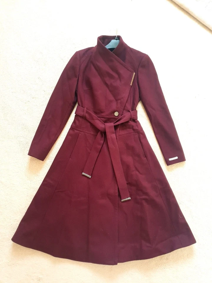 New Ted Baker Roseika Dark Red Skirted Wool Belted Wrap Coat Size TB 0 UK 6 £325 - Image 4 of 4