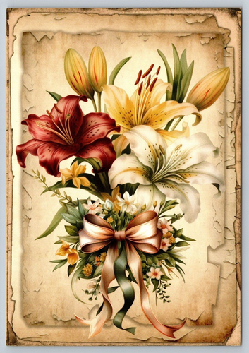 Postkarte Neu 4X6 Frühling Blumenstrauß Lilien Band Vintage Stil A66