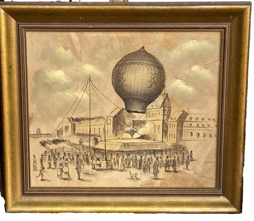 Original Antique/Vintage Custom Framed Oil Painting, Hot Air Balloon, 30" x 28" - Picture 8 of 8