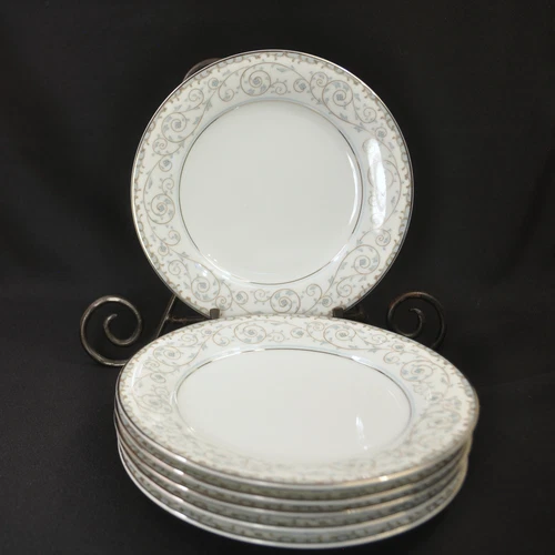 Noritake N-in-Wreath 6 Oxford Salad Plates Japan #5767 Blue Tan Scrolls Platinum