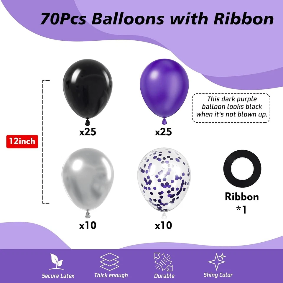 70pcs 12 inch Purple Black Metallic Silver Latex Balloons for Halloween - Image 2 of 4
