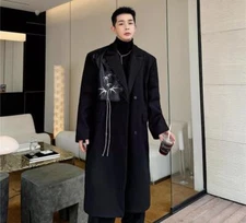 Men's New Fashion Winter Lapel Long Sleeve Loose Warm embroidery Wool Overcoats