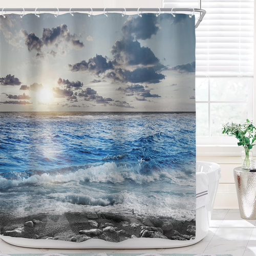 Blue Beach Sea Shower Curtain Bathroom Decor Hawaiian Ocean Waves Landscape Art  - Picture 1 of 7