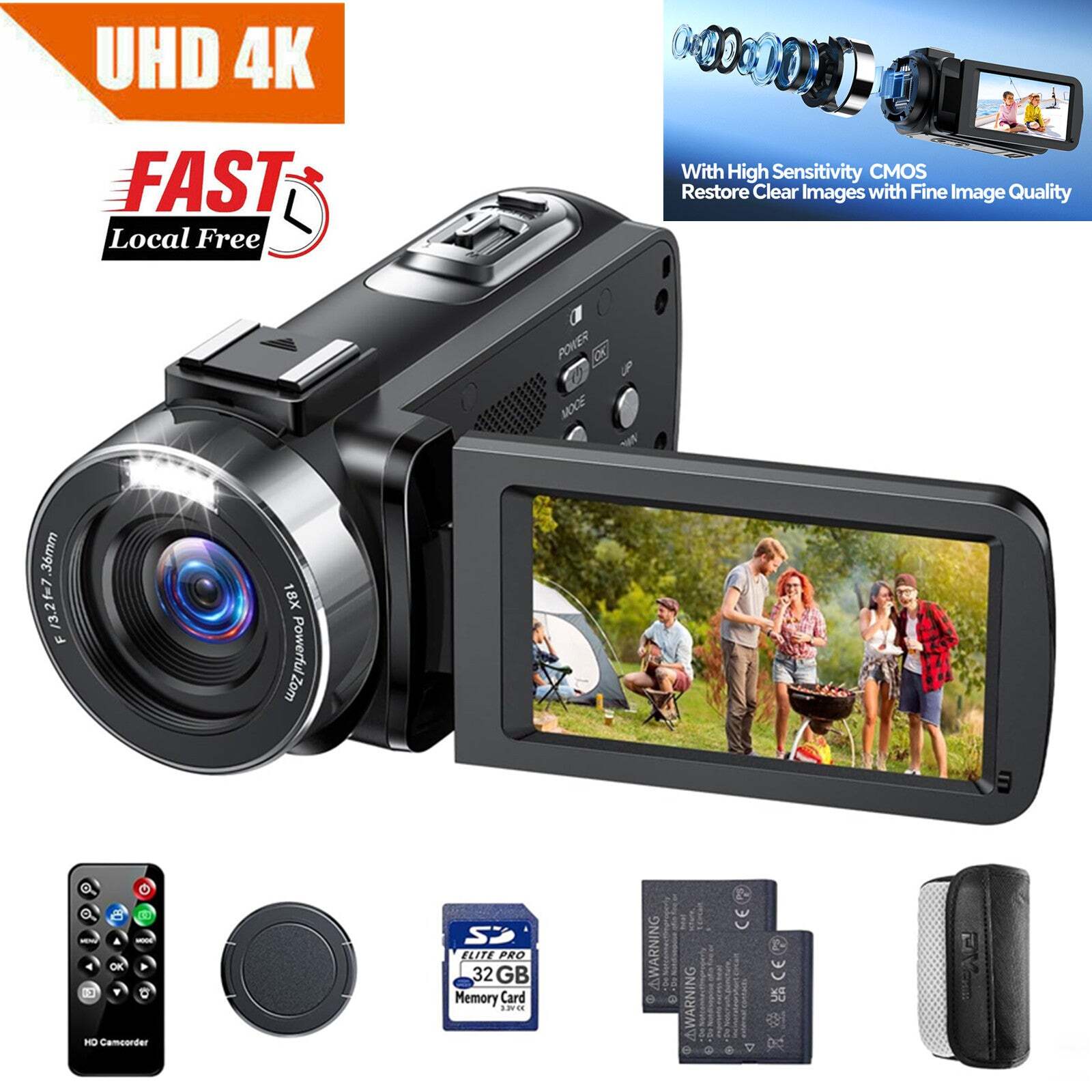 Videokamera 4K 42MP Camcorder 18X Digital Zoom Fülllicht Kamera Recorder 32GB