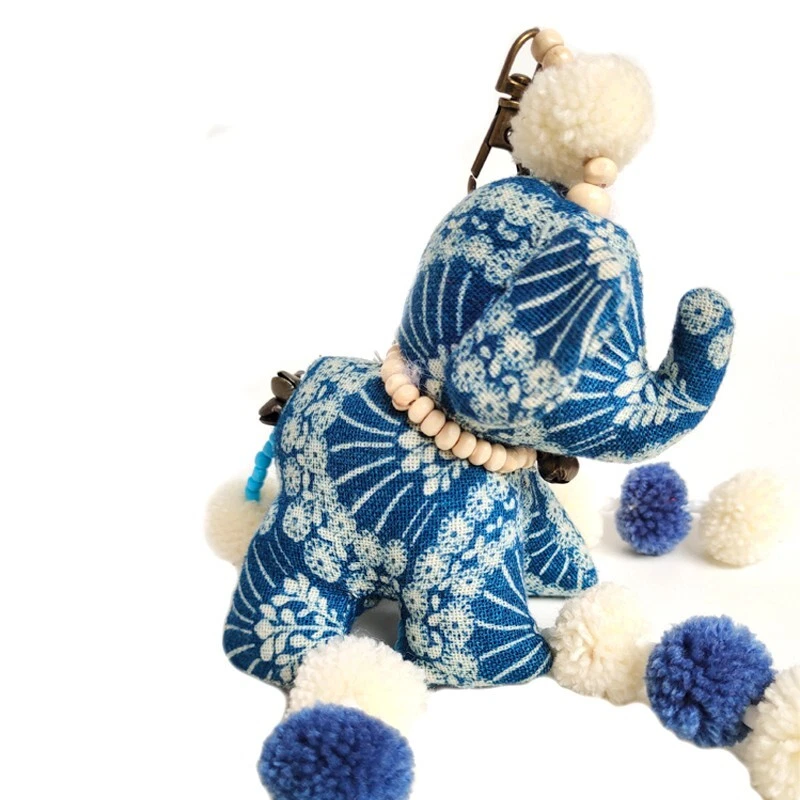 手工织物大象钥匙扣-蓝色图案小饰品带 Pom-Poms — 第 2/4 张图片