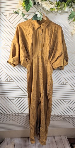 Zara Women's Satin Pleated Midi Shirt Dress in Gold Button Up Collar Size Medium