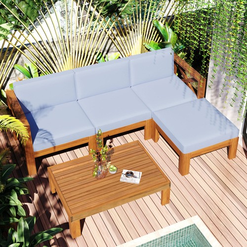 Outdoor Backyard Patio Wood 5-Piece Sectional Sofa Seating Group Set w Cushions - Picture 51 of 60