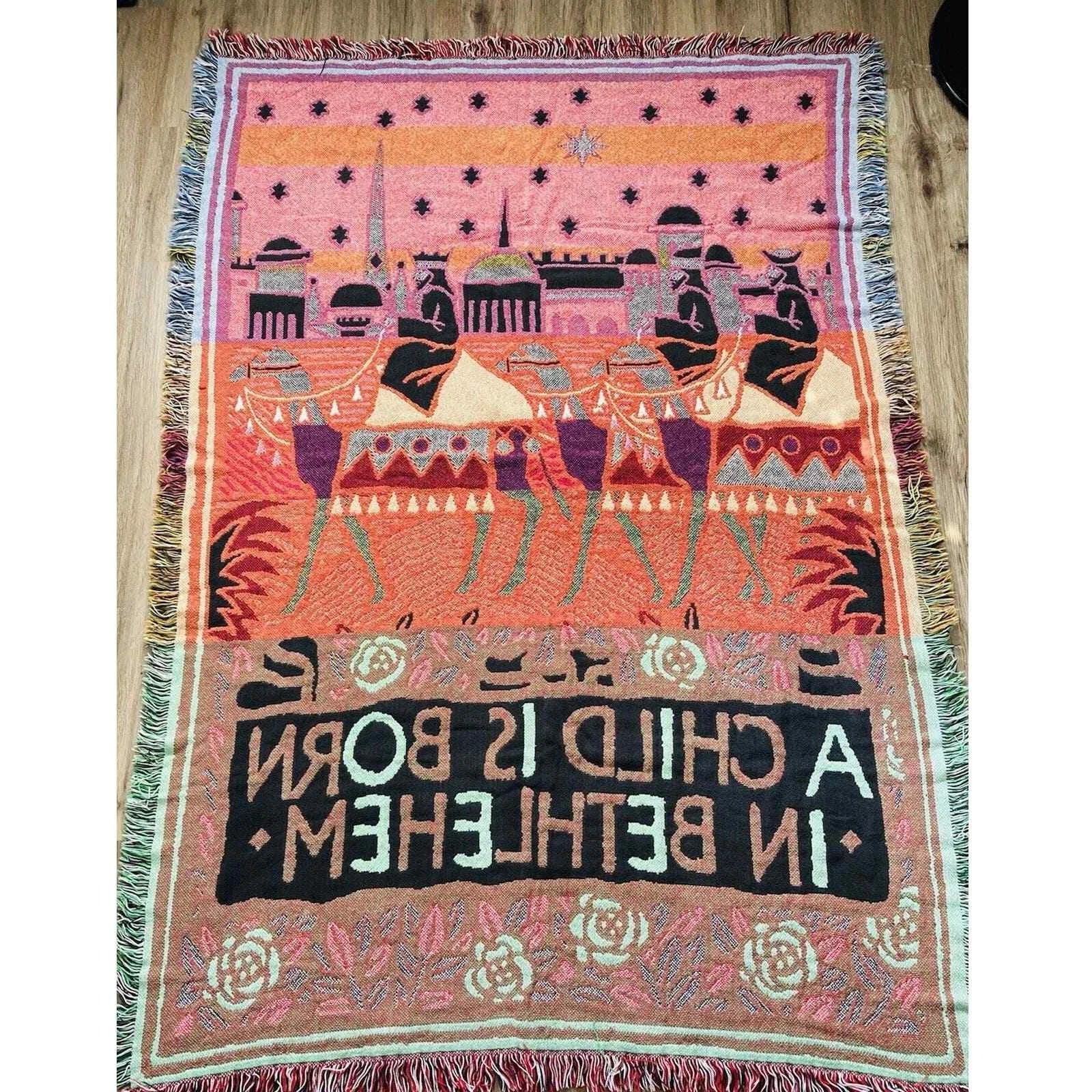 Woven Tapestry Throw Blanket Christmas Wise Men Child Born Bethlehem Reversible