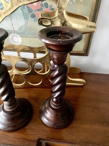 Antique English Twist Candlesticks Candle Holders Wood PAIR 15.75 “ Tall - Picture 2 of 8