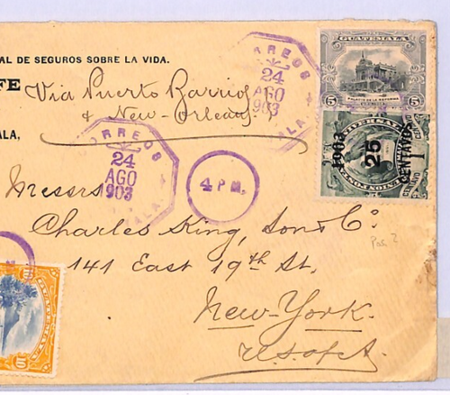 GUATEMALA Cover 1903 QUETZAL BIRD 25c SURCHARGE/Waterlow Mixed Franking NYC XH31 - Picture 3 of 18
