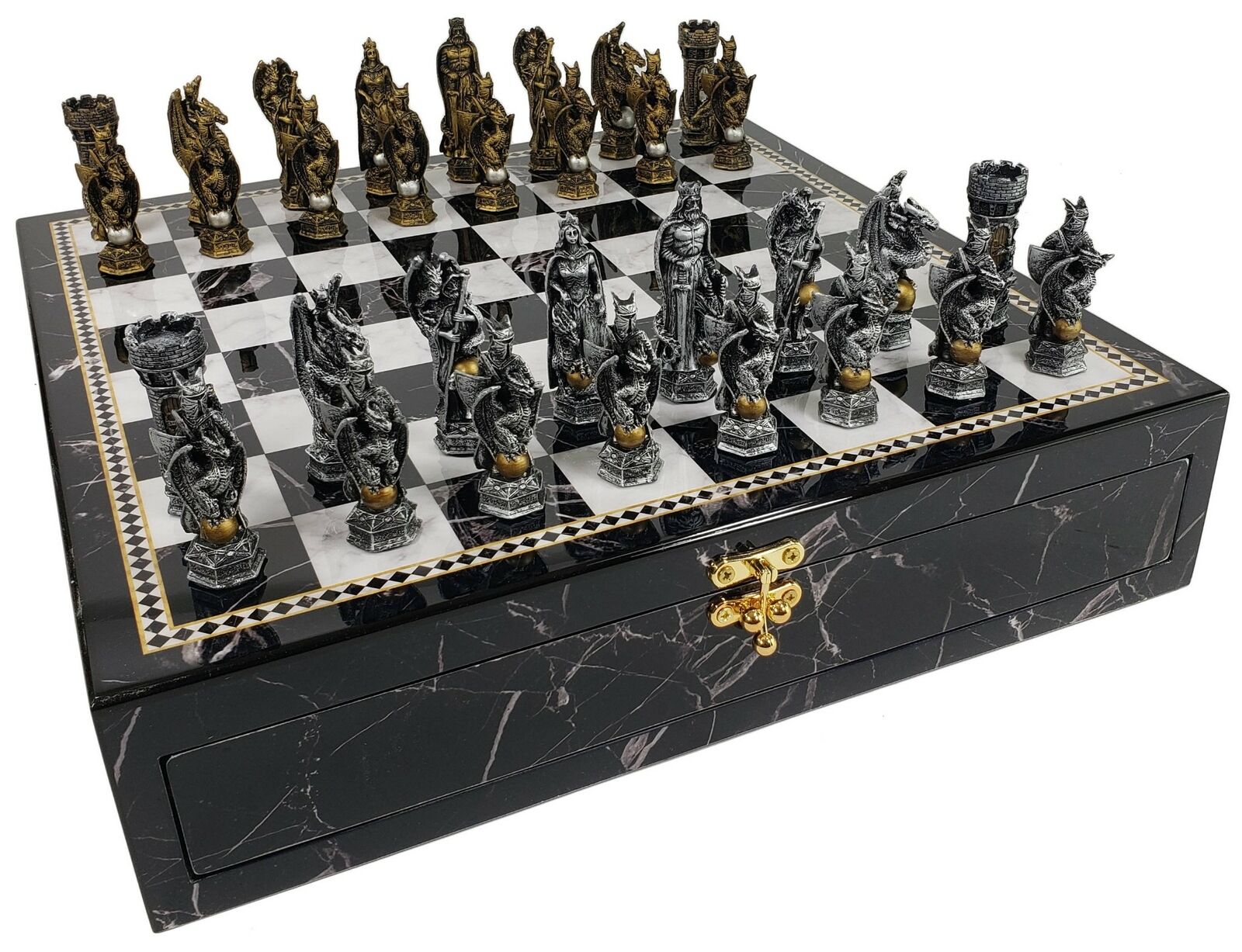 Medieval Times Crusades Pewter METAL Chess Set 16 Black & Red Faux Marble  Board