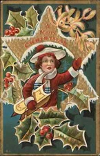 Christmas Little Boy with Sled Holly Mistletoe Border c1910 Vintage Postcard