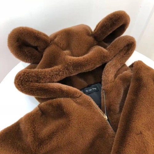 Fur Hooded Jacket Coat Bear Ears Fluffy Warm Zip Outerwear Winter Cute Lady Faux - Picture 5 of 9