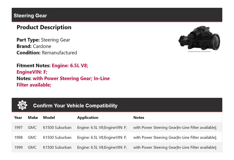 Para GMC K1500 1997-1999 Suburban 6,5 L V8 engranaje de dirección Cardone 1998 Foto 2 de 4