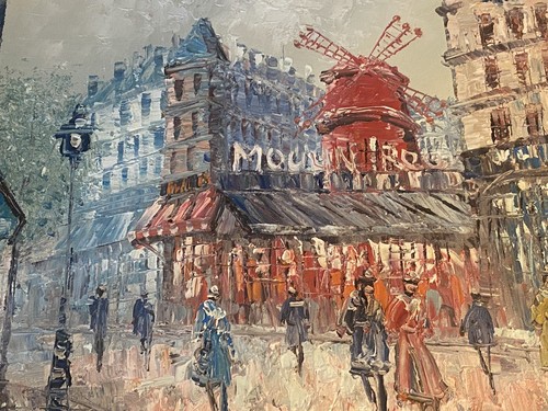 Vintage CAROLINE BURNETT "Moulin Rouge” Paris Street Scene Oil PAINTING mcm - Picture 2 of 8