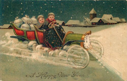 HAPPY NEW YEAR - PFB 9501 - CHILDREN DRIVE CAR WITH MONEY BAGS EMBOSSED POSTCARD - Foto 1 di 2