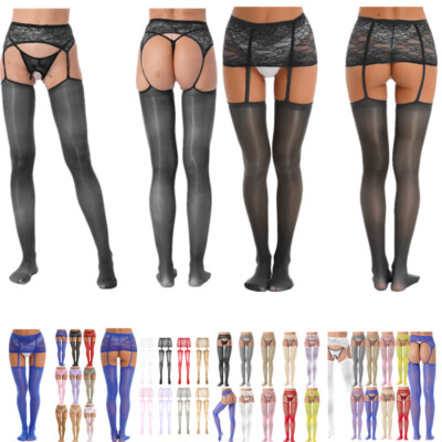 Woman Lace Sheer Crotchless Suspender Pantyhose Footed Tight Thigh High Stocking