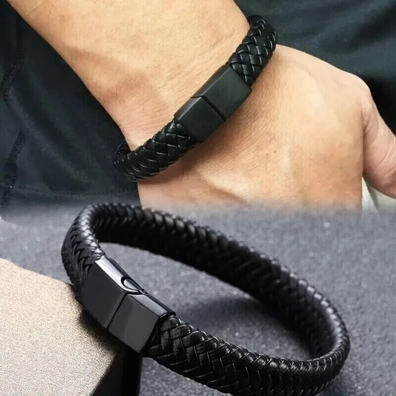 Pulsera Negra Brazalete Para Hombre Mujer de Acero Inoxidable & Cuero Original