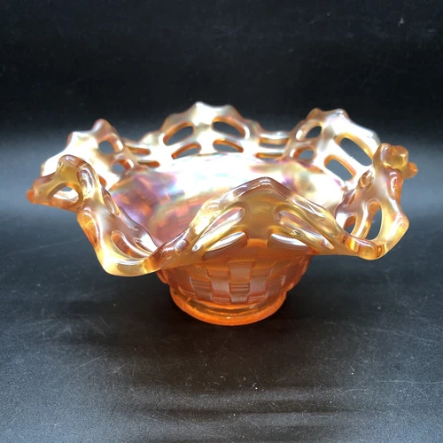 Vintage Fenton Marigold Basket Weave Carnival Glass Bowl Ruffle Open Lace Edge A