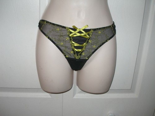 Frederick's of Hollywood Women's Small Thong Panties Black Lace Green Ribbon - Picture 2 of 9