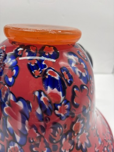 Ciotola Millefiori 10,5” Murano Rosso Con Manici Blu Navy Vetro Arte Pesante Italia - Foto 10 di 12