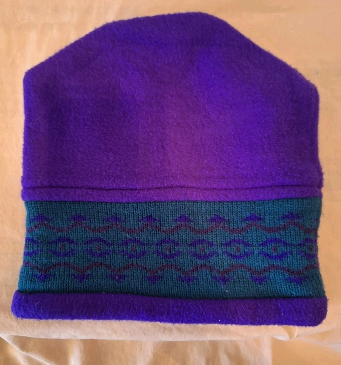 Vintage Maureen Of The Mews Fleece Winter Hat Purple With Teal Pattern Made Usa