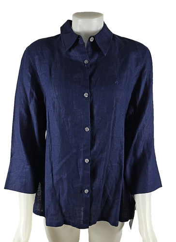 NWT - Ralph Lauren 100% Linen Navy Blue 3/4 Sleeve Button Shirt Top Womens Large - Picture 1 of 4