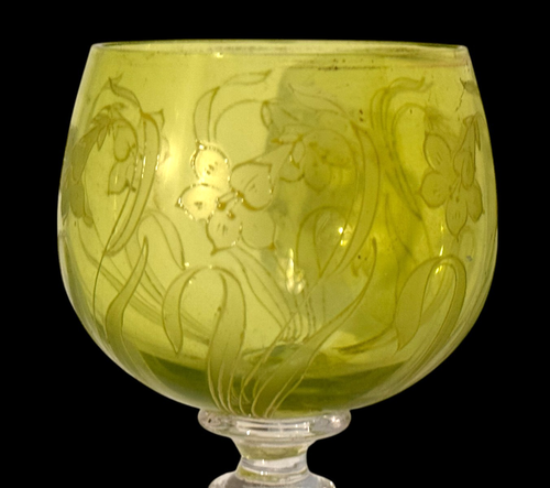 Ancien/vintage verre à vin bohème gravé lys bol jaune tige creuse transparente - Photo 7/14