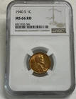 1940 S Lincoln Wheat Cent / Penny 1c NGC MS 66 RD Red Mint State Coin