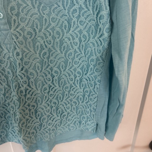 Nine West 3 Button V-Neck Women Long Sleeve Lace Front Shirt Aqua/Sea Green Sz S - Picture 8 of 11