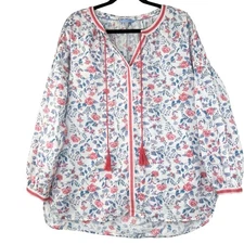 Joules Yolanda Floral Tunic Top Sz 10 Linen Cotton Tassel Boho Pink Feminine