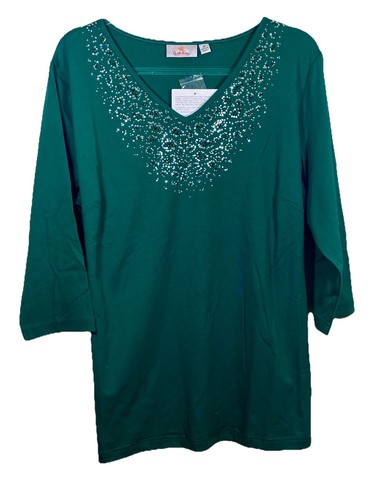 Quacker Factory Size 1X Green Beaded Neckline Stretch Tunic Top 3/4 Sleeves NEW