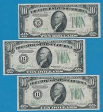 3-$10. 1934-A  GREEN SEAL NEW YORK [BC] BLOCK CONSECUTIVE CHOICE NEW
