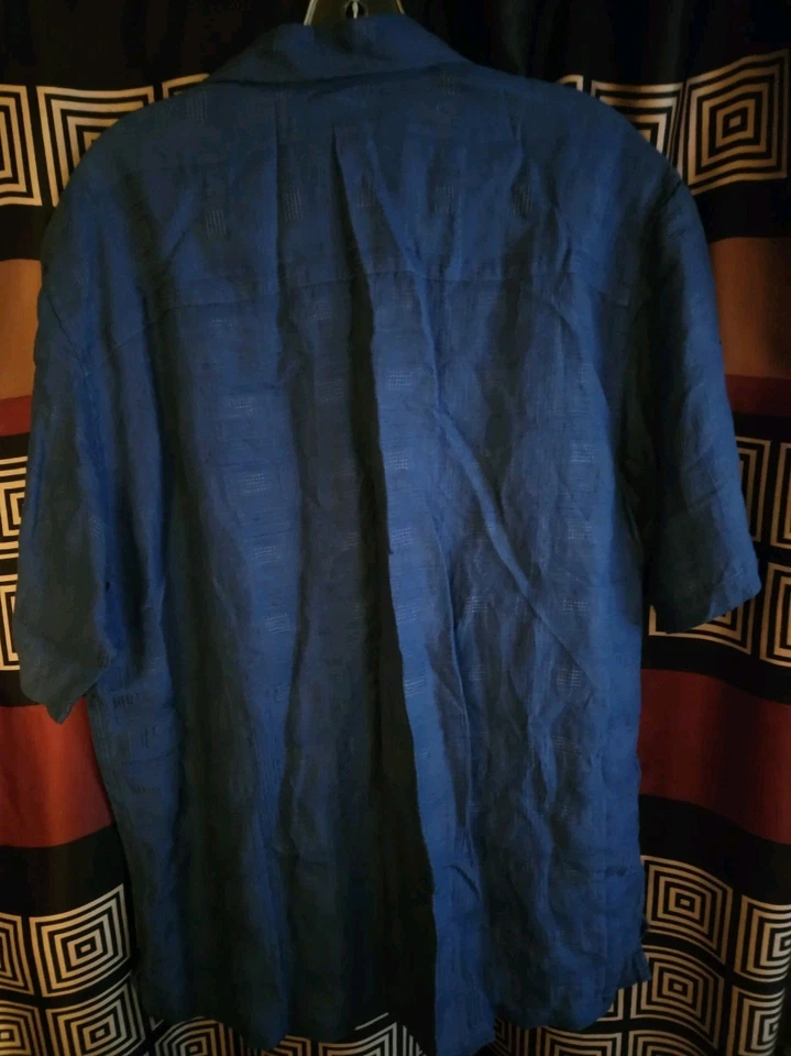 Linen Rayon Hawaiian Button Up Shirt M Blue Geometric Crazy Horse - Image 3 of 4