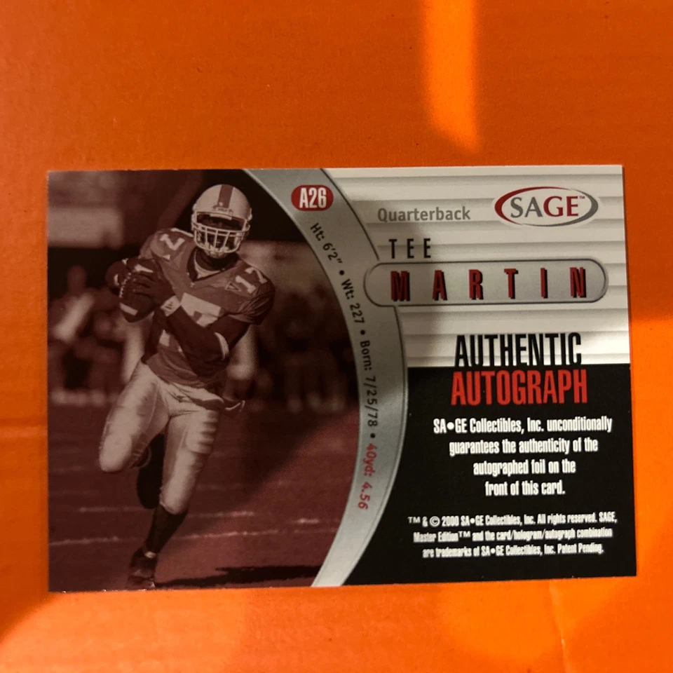 2000 SAGE Autographs Tee Martin Auto #58/200 Tennessee Volunteers #A26 - Image 2 of 3