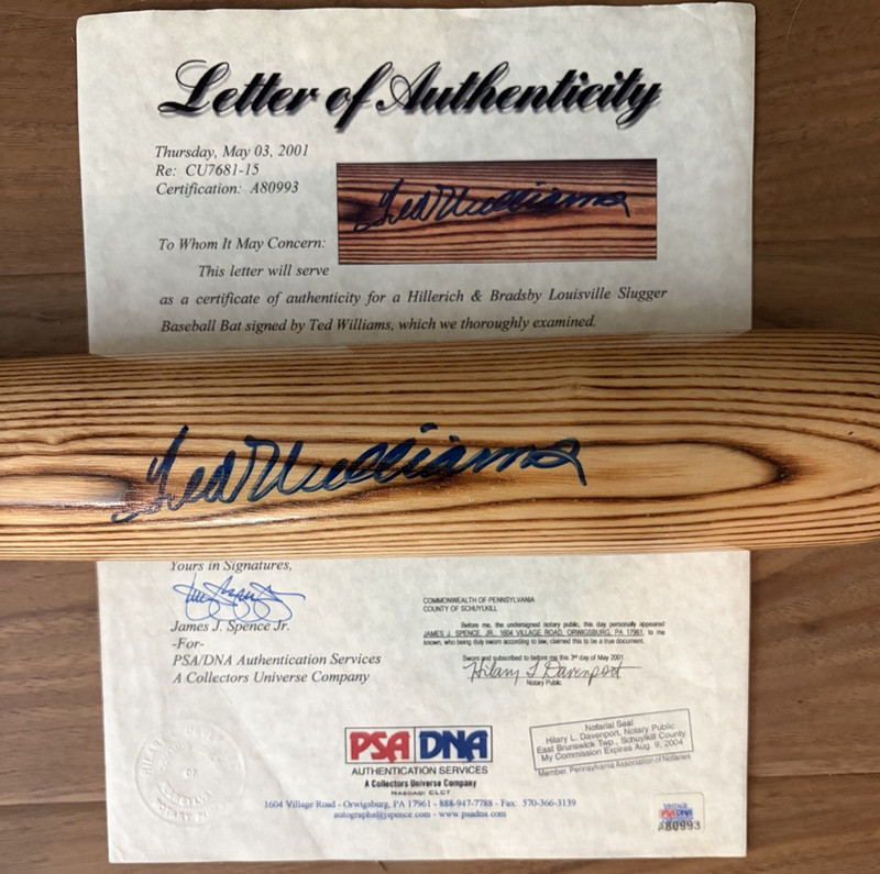 34.5" PSA TED WILLIAMS signed baseball bat autograph Hillerich Bradsby JSA H&B