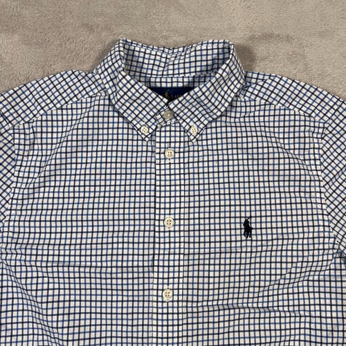 Ralph Lauren Shirt Boys Large White Blue Grid Pattern Button Down Long Sleeve - Picture 2 of 13