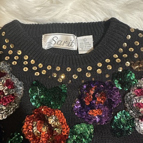 RARE VTG 1980s SARIT knitted sweater with beaded sequin floral embroidery - Picture 3 of 6