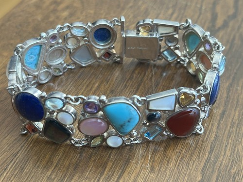 Silver Multi-Stone 925 Chain Bracelet Pearl Turquoise Lapis 7.5” - Picture 15 of 18