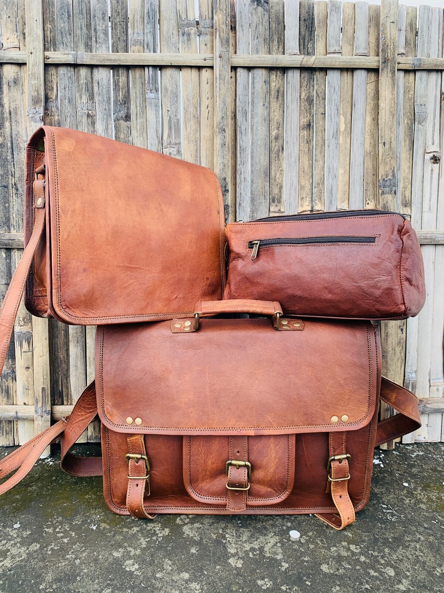 Men's Man Leather Vintage Laptop Messenger +Satchel+Dope Kit Best Gift Combo