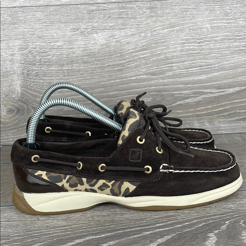Sperry Top-Sider Bluefish braune Damen-Lederschuhe Größe 8M Leopardenmuster 2-Loch