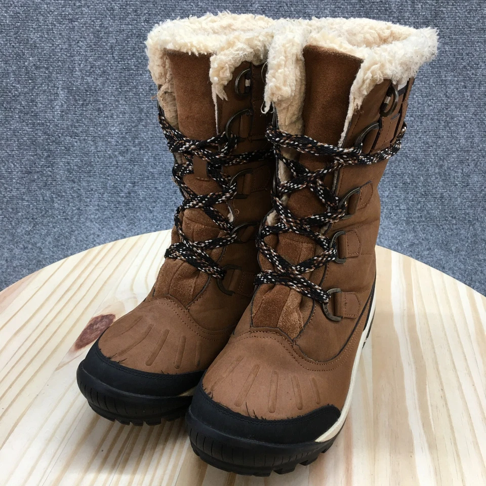 Bearpaw 防水冬季靴女式 9 Desdemona 棕色皮革夏尔巴人系带 — 第 3/4 张图片