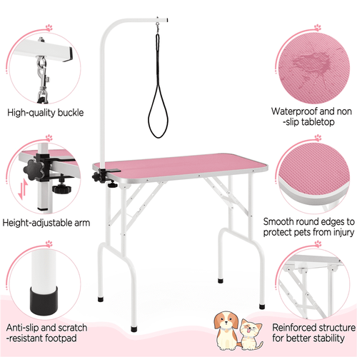 32" Pet Foldable Grooming Table with Adjustable Height Arm, Pink - Picture 6 of 12