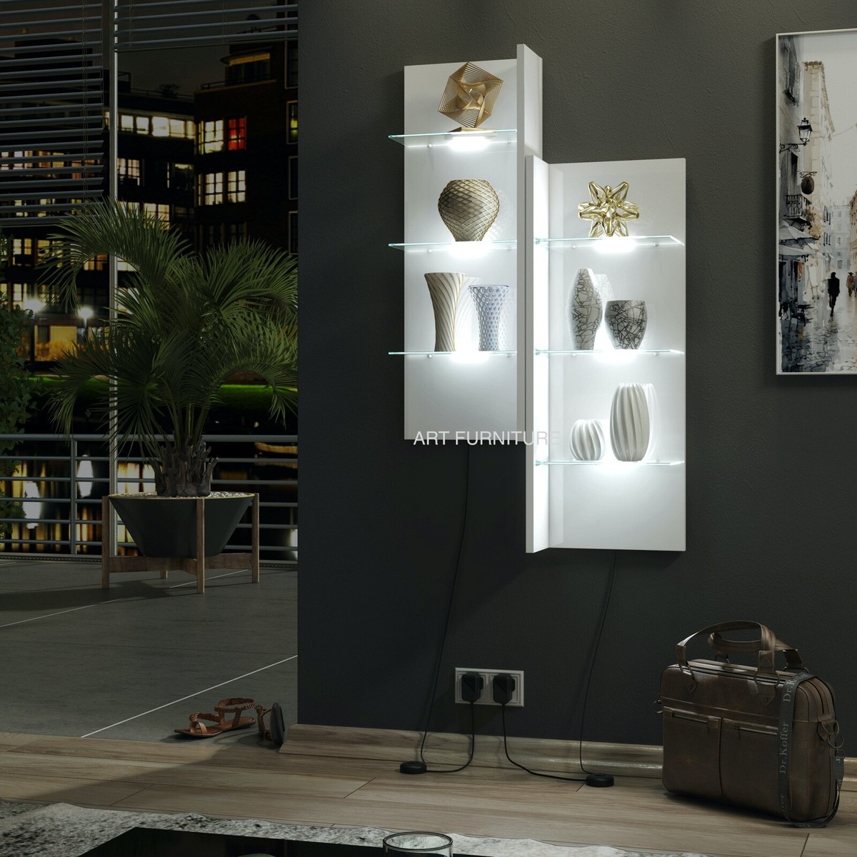 Floating Display Cabinet White High Gloss Wall Corner Shelf Unit CL09 LED Lights