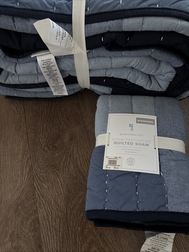 Pottery Barn Kids Denim Patchwork Full/ Queen Quilt And Quilted Standard Sham - Picture 2 of 2
