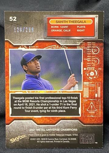 2021 Skybox Metal Universe #52 Sahith Theegala /299 SSP custodia punti argento hit quasi nuovo - Foto 2 di 4