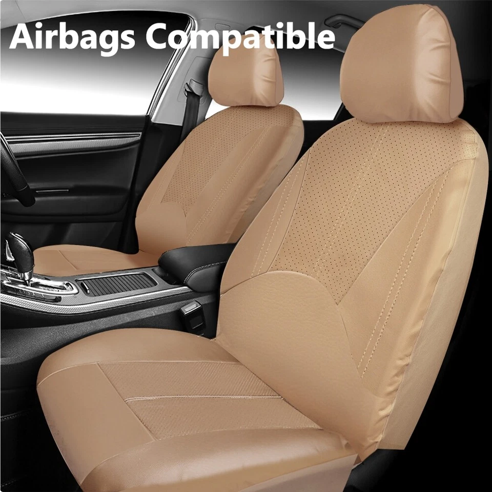 Juego completo de fundas de asiento de coche de cuero sintético beige sensación de cuero genuino delanteras traseras Foto 2 de 4
