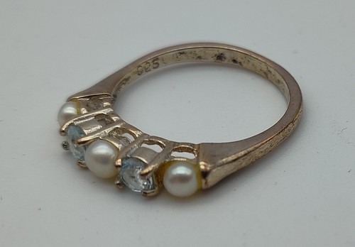 Vintage Cultured Pearl Blue Stone Sterling Silver 925 Ring Size 8